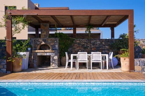 View on the pool and the summer terrace