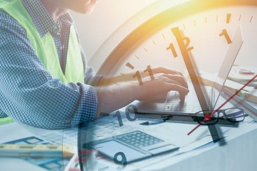 Engineer builder busy overlay times clock for working hours work compete with building timeline or project time frame.