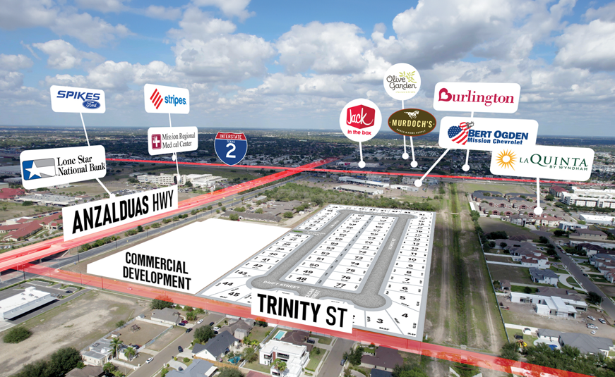 Map highlighting the commercial development's proximity to Anzalduas Hwy and nearby businesses like Burlington, Murdoch's, and Olive Garden