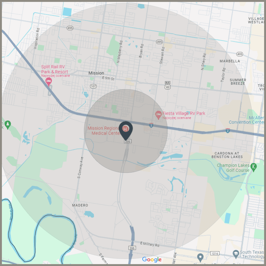Map showing a 1-mile and 3-mile radius around the commercial lot in Mission, TX