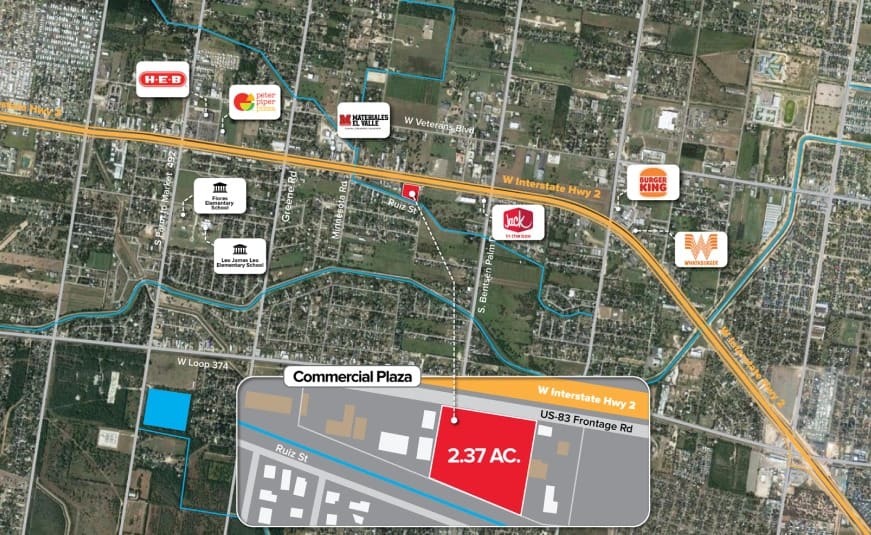 Map showing the Commercial Plaza layout with nearby businesses and major roads, highlighting the 2.37-acre property