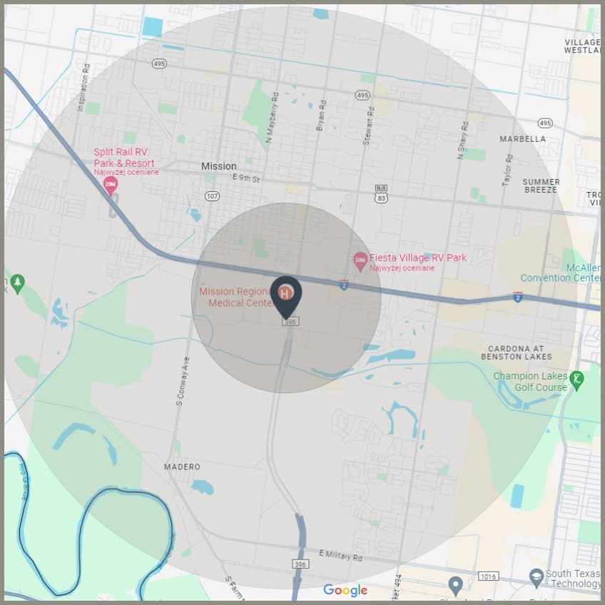 Map showing a 1-mile and 3-mile radius around the commercial lot in Mission, TX