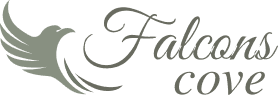 Elegant logo featuring a stylized bird and the text "Falcons Cove" in a flowing script.