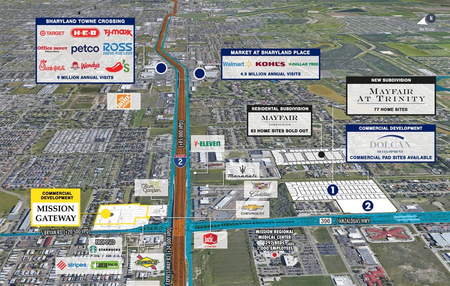 Aerial location map showing Mayfair at Trinity near Sharyland Towne Crossing, Market at Sharyland Place, and Expressway 83