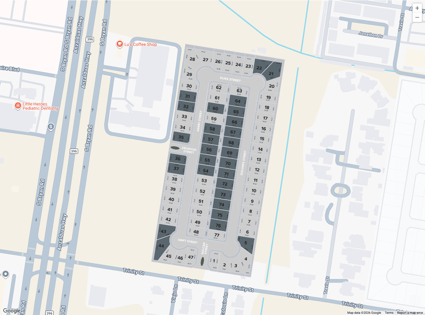 Mayfair at Trinity site plan showing all 77 numbered home sites along Duke, Derby, Dolores, and Drift Streets