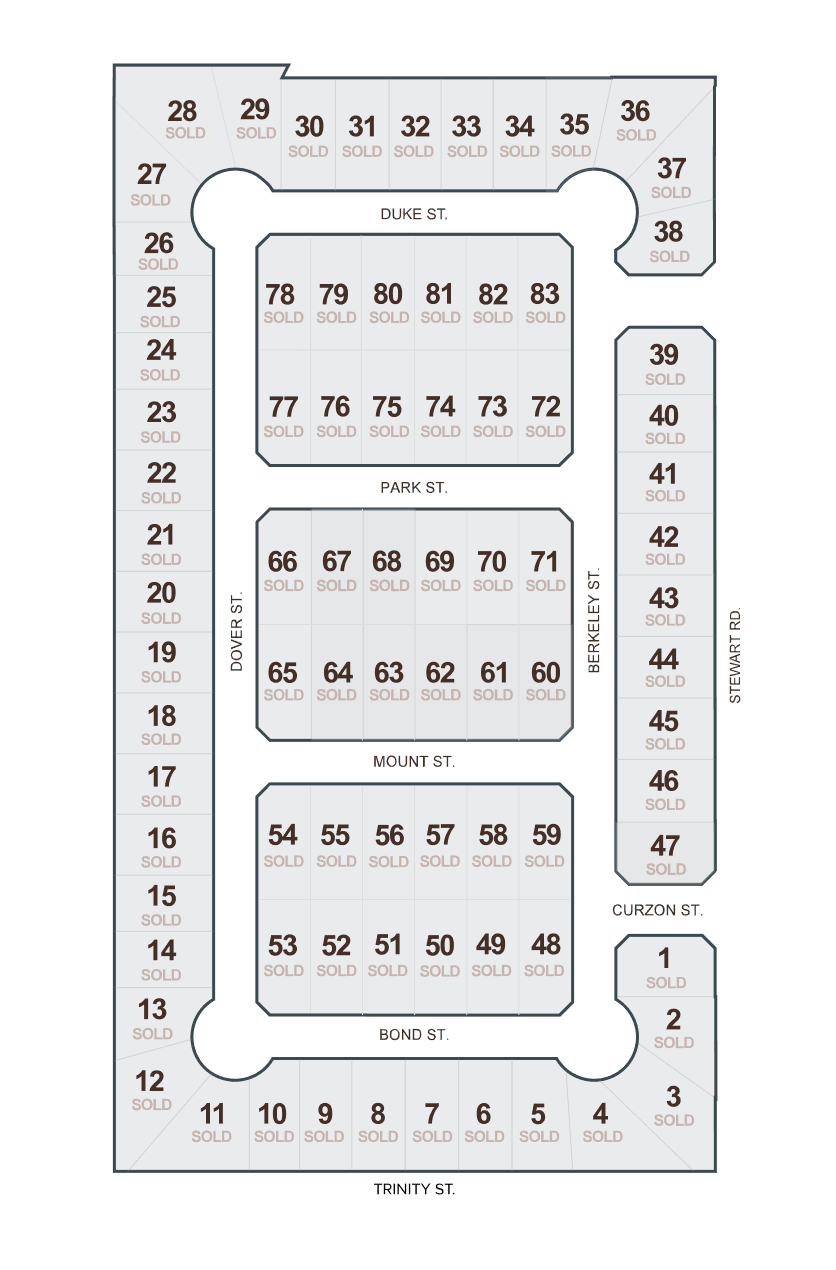 A chart showing sold lots for homes. layout with labeled streets and seat numbers.