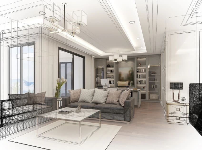 A modern living room design featuring a sofa, coffee table, and bookshelves, shown in a wireframe and rendered style.